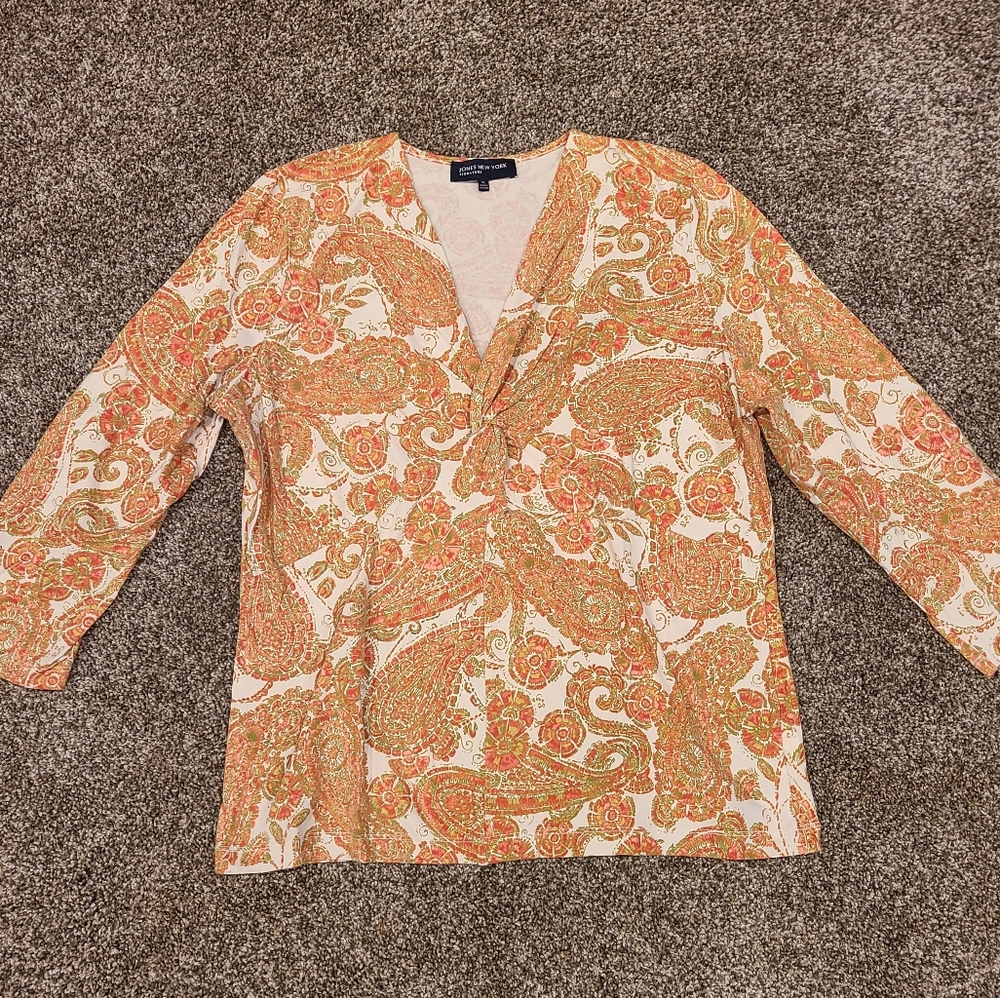 Jones New York Signature Paisley Print Tie Blouse